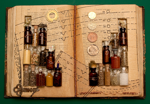 ancient book with inside bottles